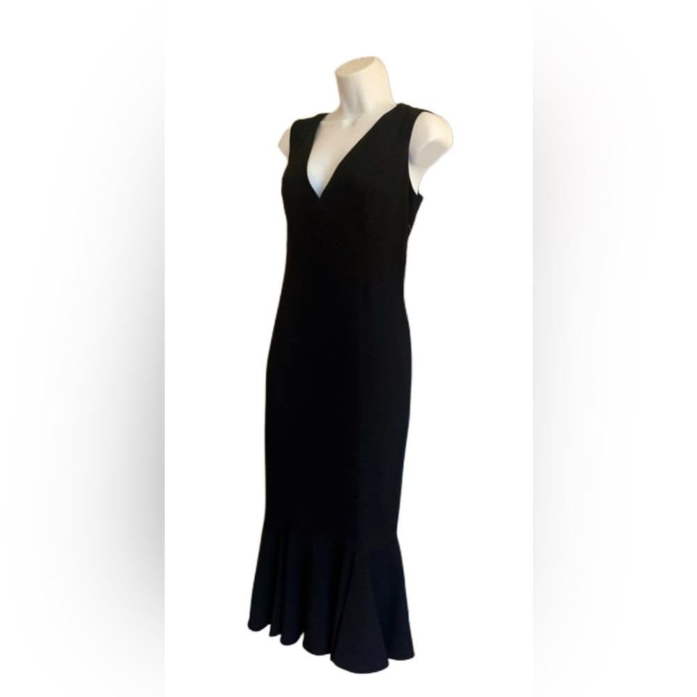 MARINA Black V-Neck Midi Dress w/ Fishtail Hem - Picture 2 of 8